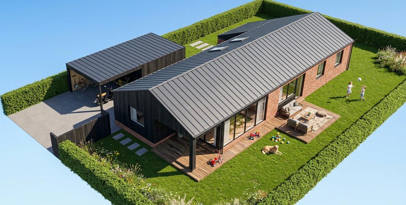 3D-visualisering af forlængning af parcelhus. Sort træværk til røde mursten.