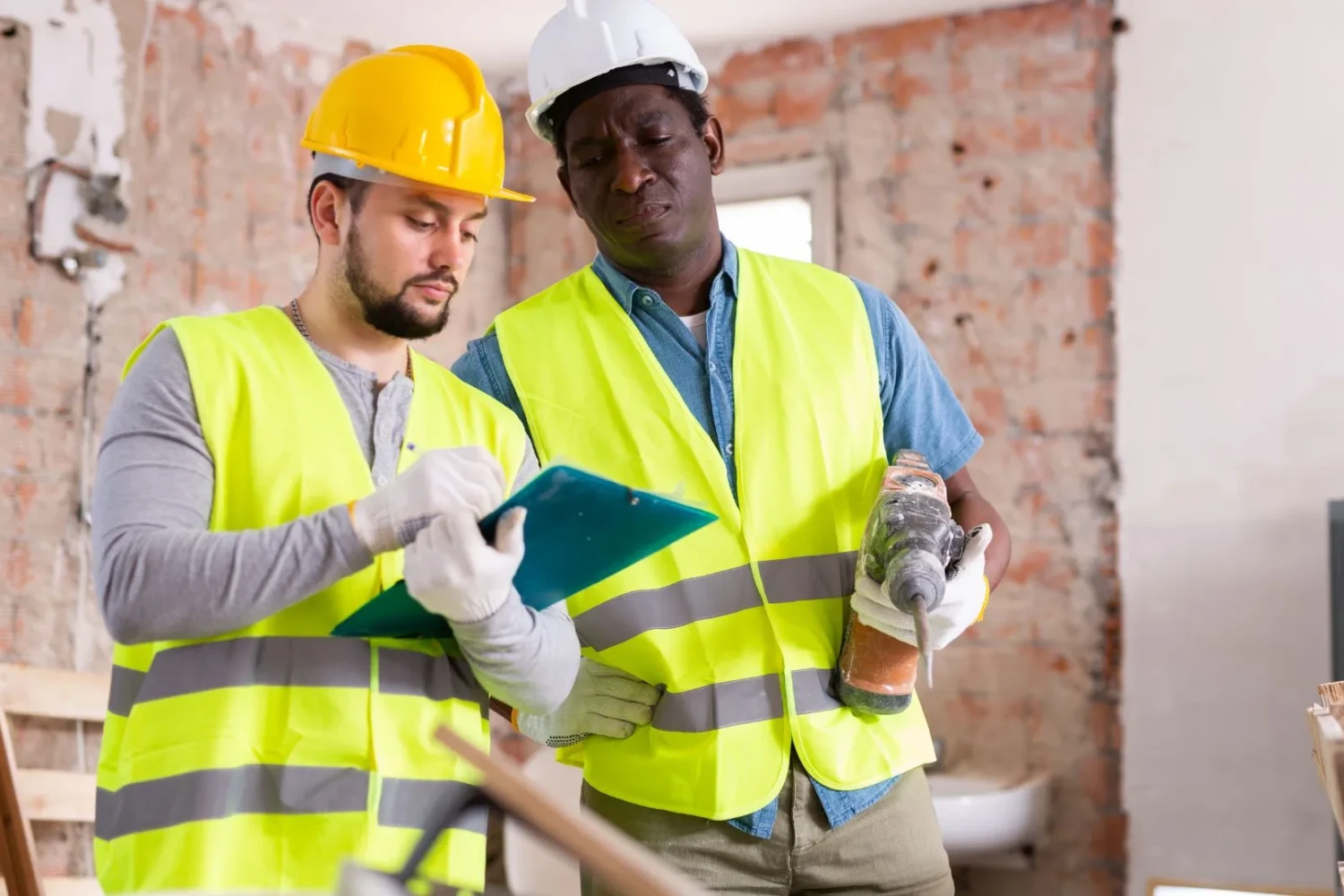 Deux personnes travaillent avec un gilet et un casque de chantier.