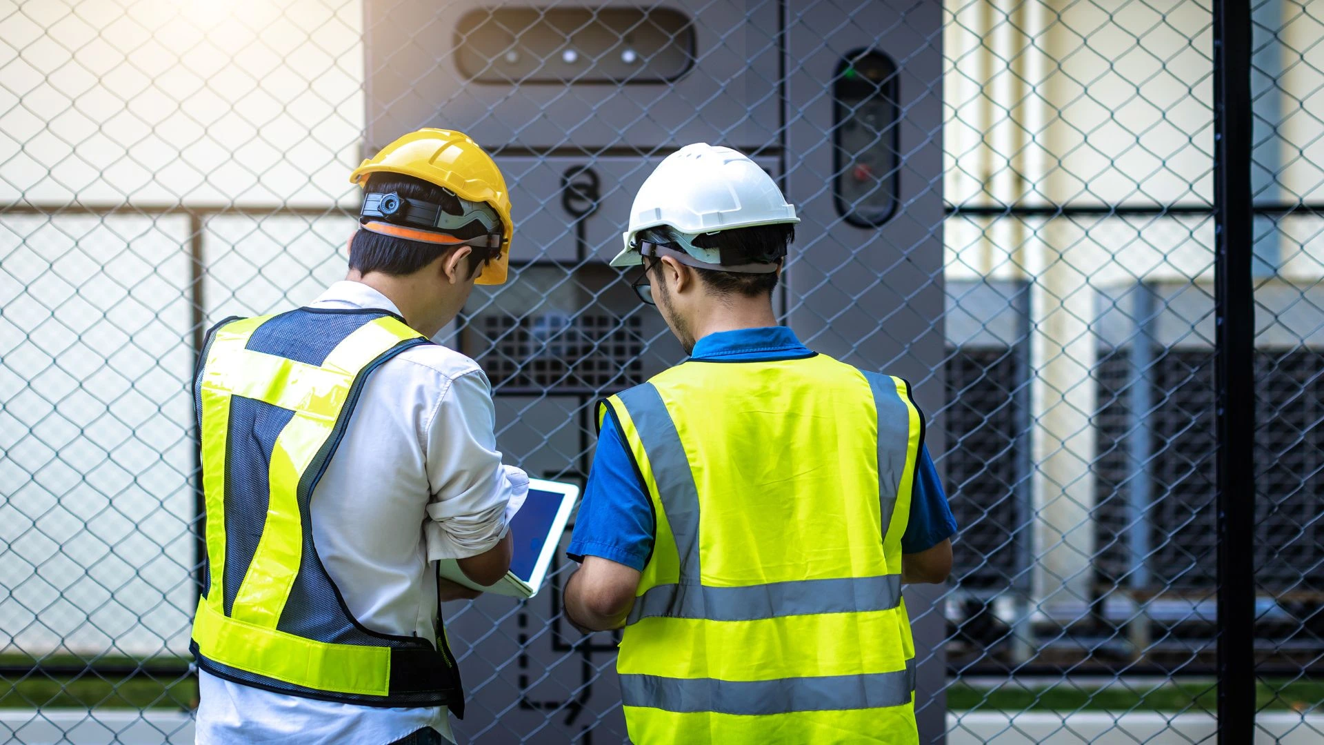 Deux personnes travaillent sur un chantier. Ils ont un gilet jaune de sécurité et un casque.