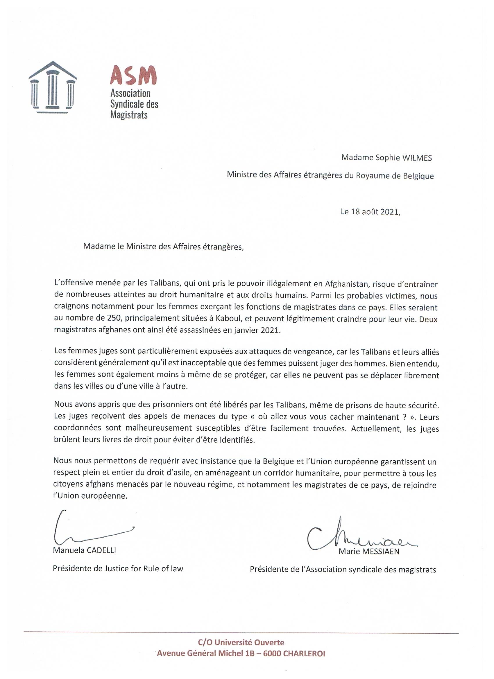 lettre ministre wilmès lettre Sophie Wilmès - juges Afghanistan