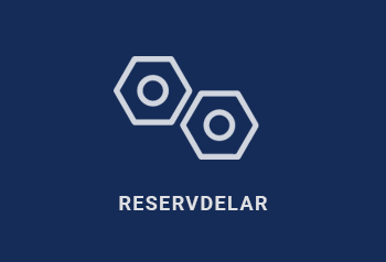 Vit Ikon av 2 muttrar på mörkblå yta med texten "Reservdelar" under.