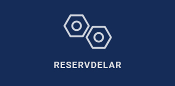 Vit Ikon av 2 muttrar på mörkblå yta med texten "Reservdelar" under.