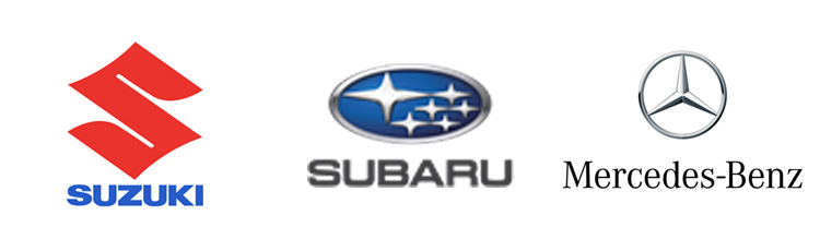 3 bil logotyper på vit yta, Suzuki, Subaru och Mercedes-Benz