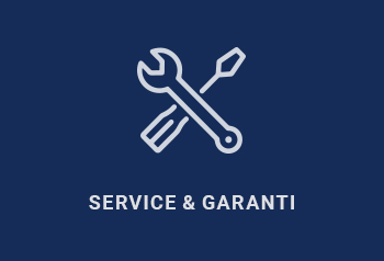Vit Ikon av 2 verktyg på mörkblå yta med texten "Service & Garanti" under.