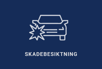 Vit Ikon av 1 bil som krockar på mörkblå yta med texten "Skadebesiktning" under.