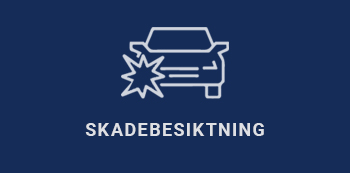 Vit Ikon av 1 bil som krockar på mörkblå yta med texten "Skadebesiktning" under.