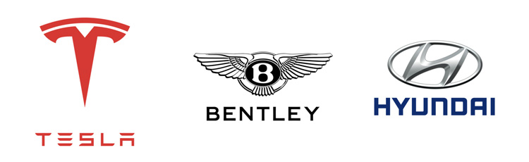 3 bil logotyper på vit yta, Tesla, Bentley och Hyundai