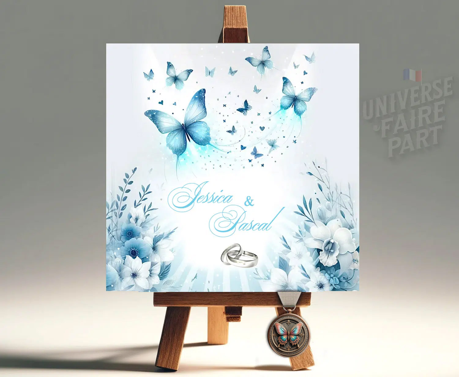 N°162-Faire-part Céleste Bleu Papillons et Orchidées