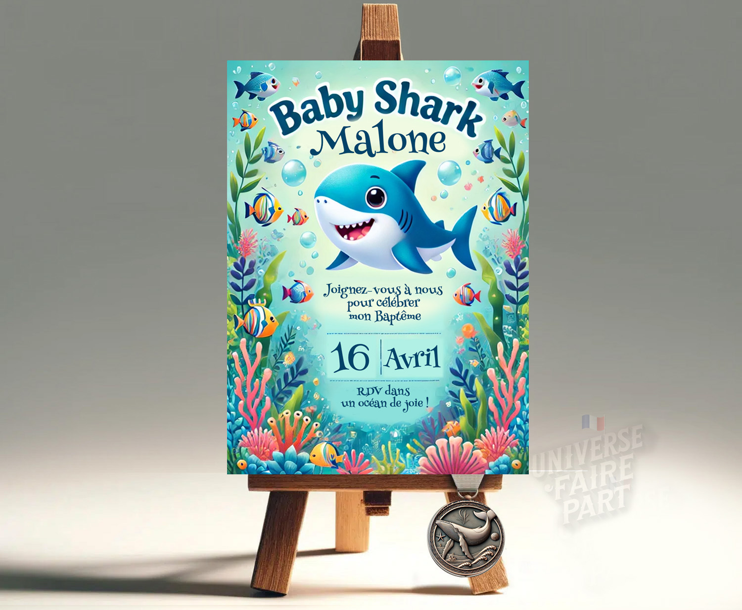 N°33- Faire-part Plongez dans la fête avec Baby Shark pour mon Baptême !