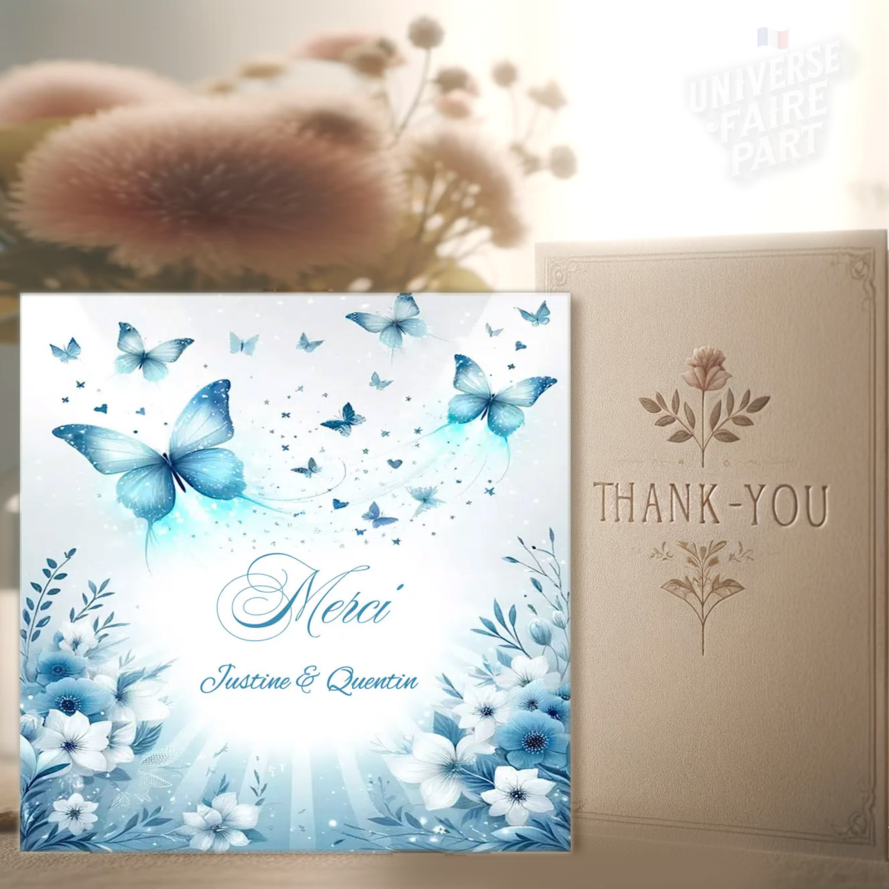 N°162.3 - Carte Remerciement Bleu Ciel Papillons et Orchidées