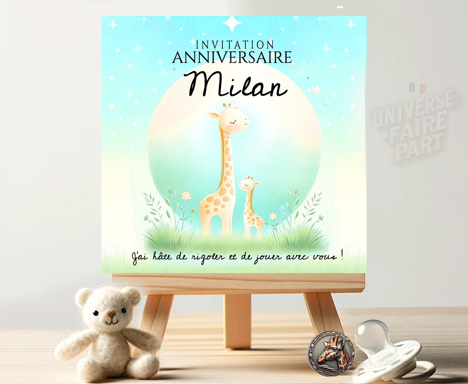 N°120 - Faire-part Original Mignon petite Girafe Unisexe Anniversaire