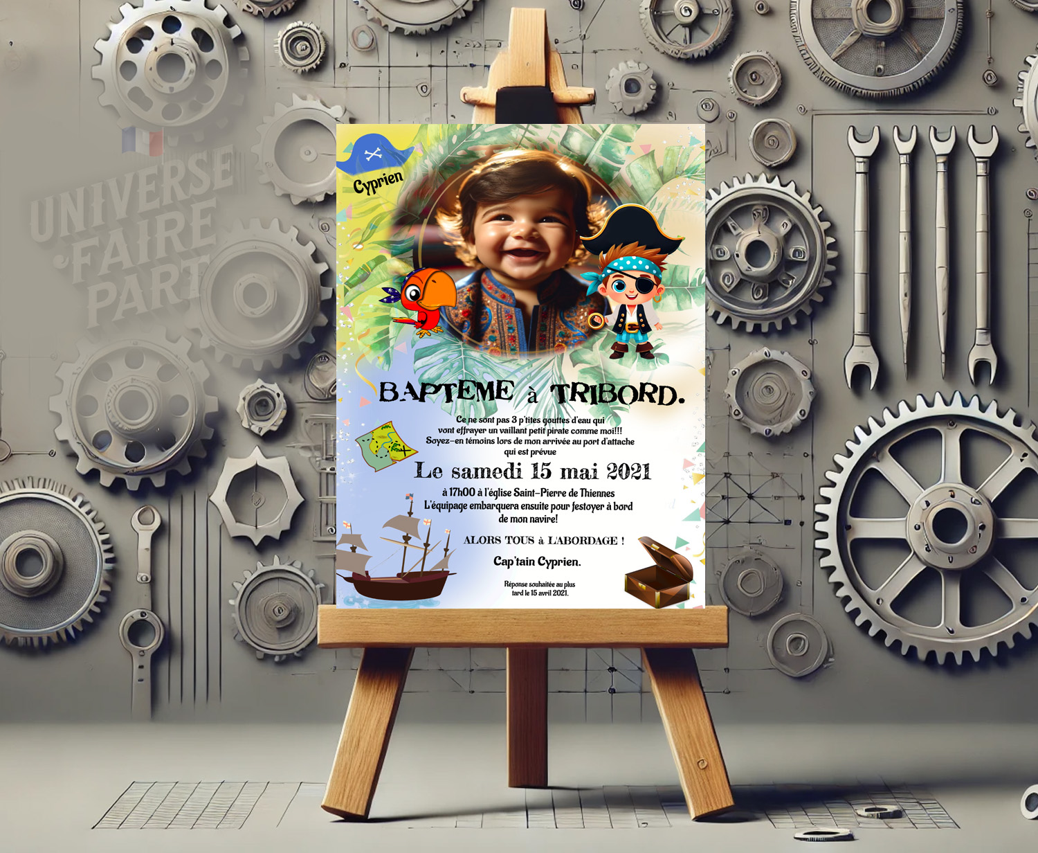 N°332 - Faire-part invitation petit pirate baptême