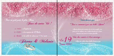 N°451 - faire-part noeud alliance bleu turquoise et rose glitter