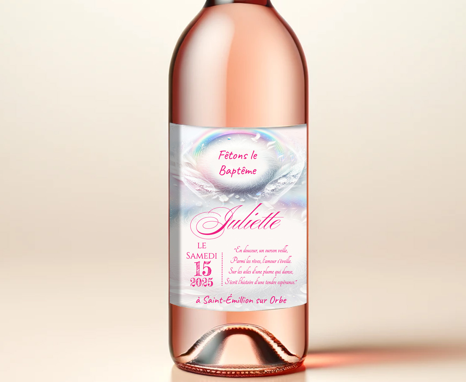 N°129.3- Étiquette bouteille Original Rose Poudré Bébé Arc-en-ciel