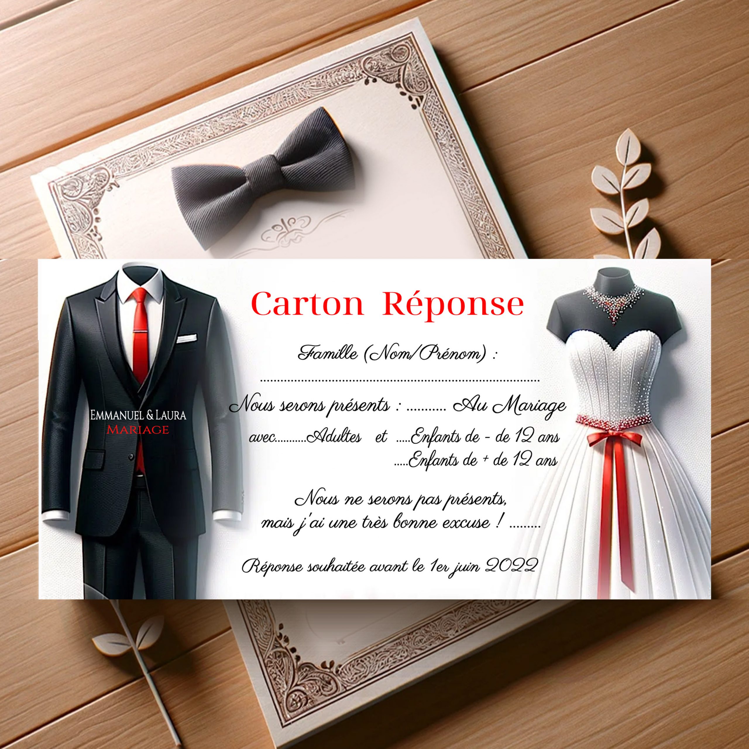 N°216.2 - Carton réponse Duo d'Amour Mariage en Rouge Costume