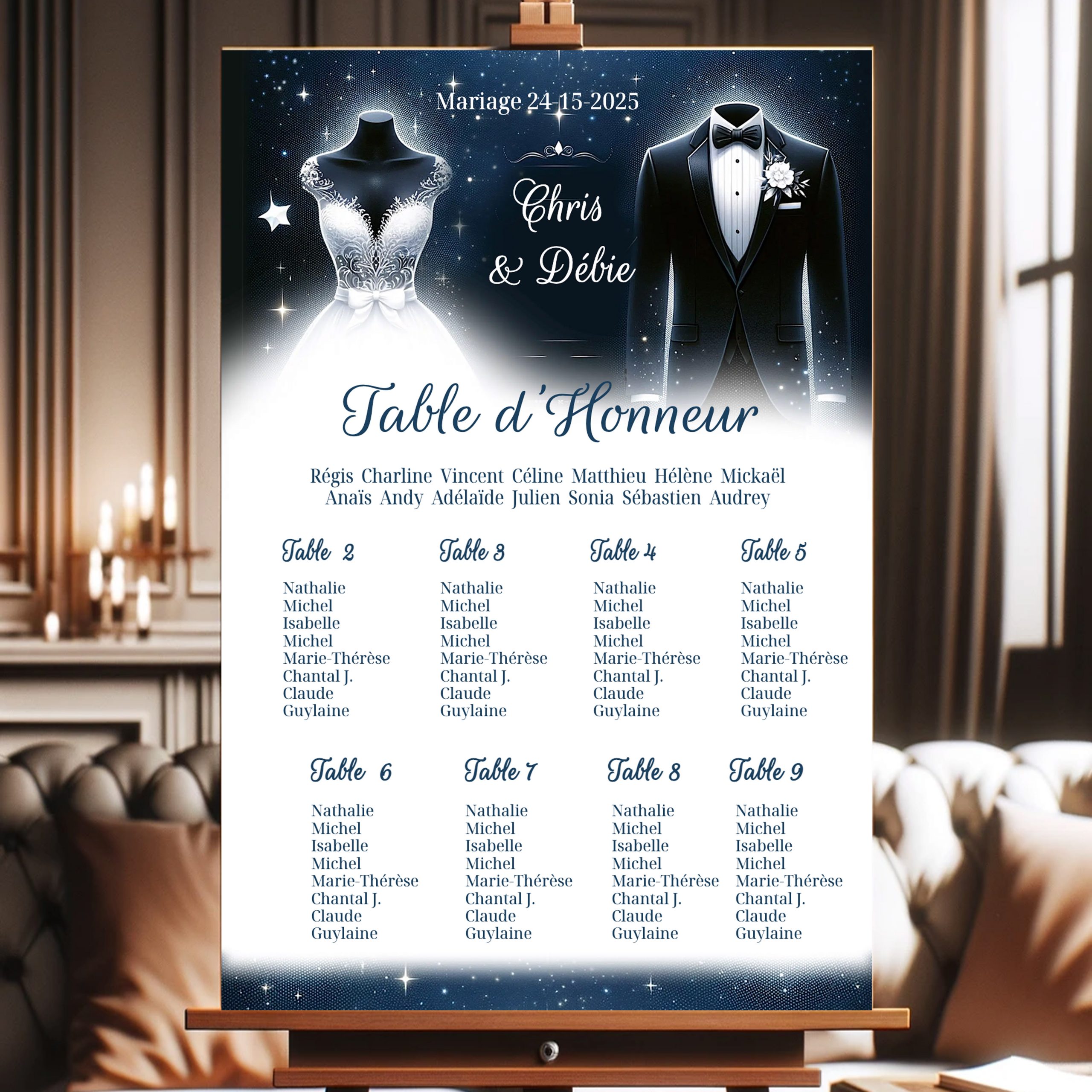 N°220.4- Plan de table Harmonie Nuptiale Bleu nuit étoilé