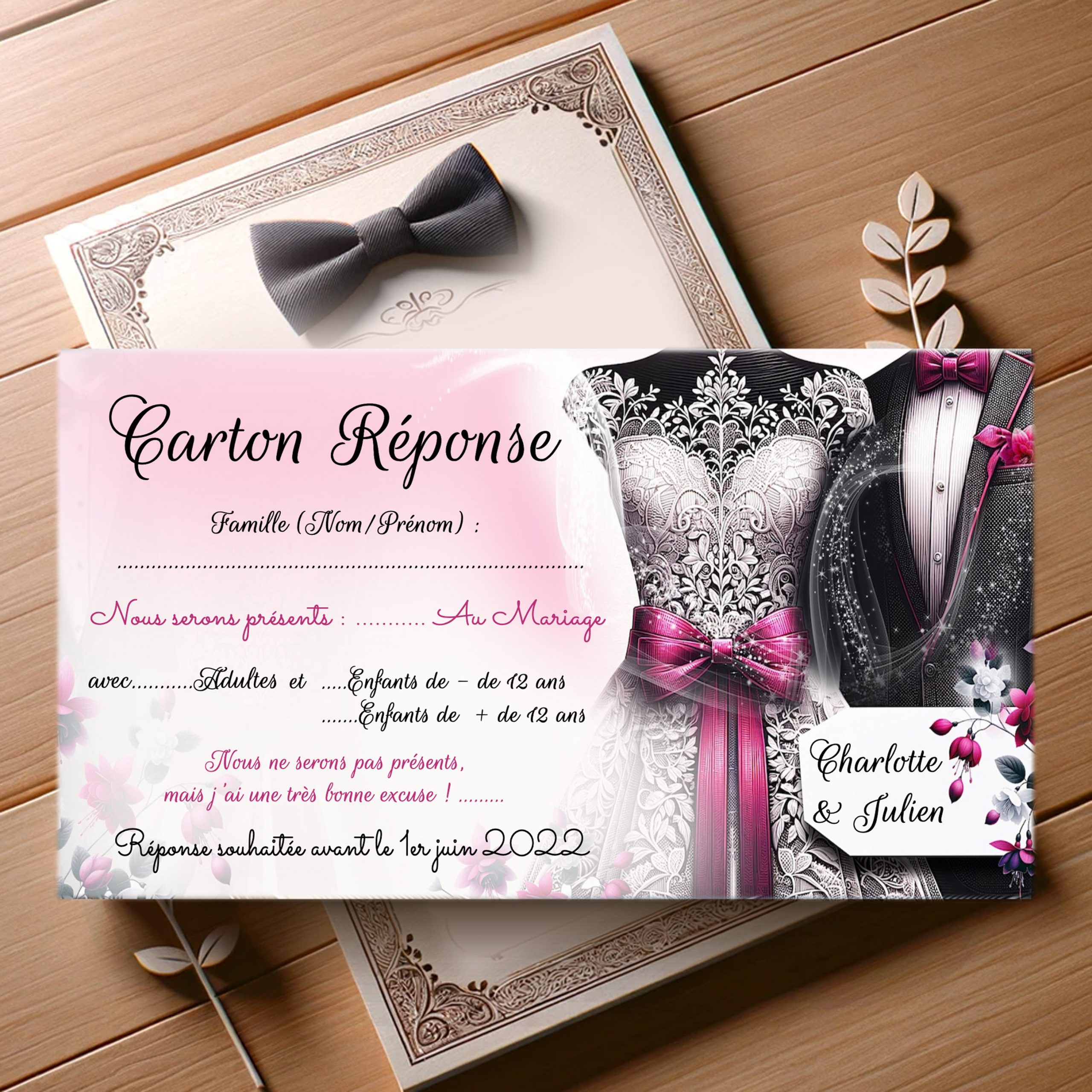 N°9.2 - Carton réponse S'aimer en Fuchsia et Blanc Costume