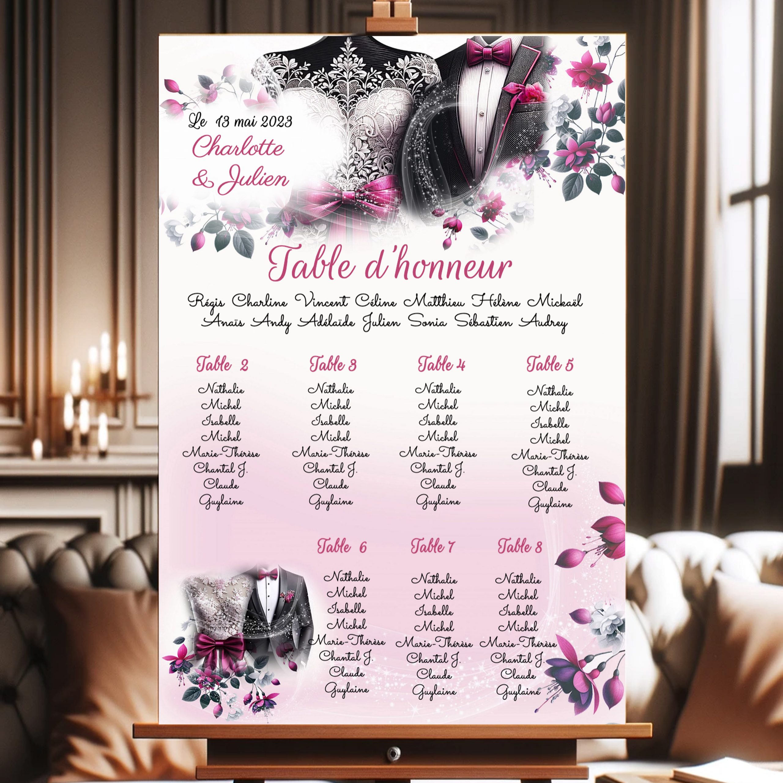 N°9.8 - plan de table S'aimer en Fuchsia et Blanc Costume