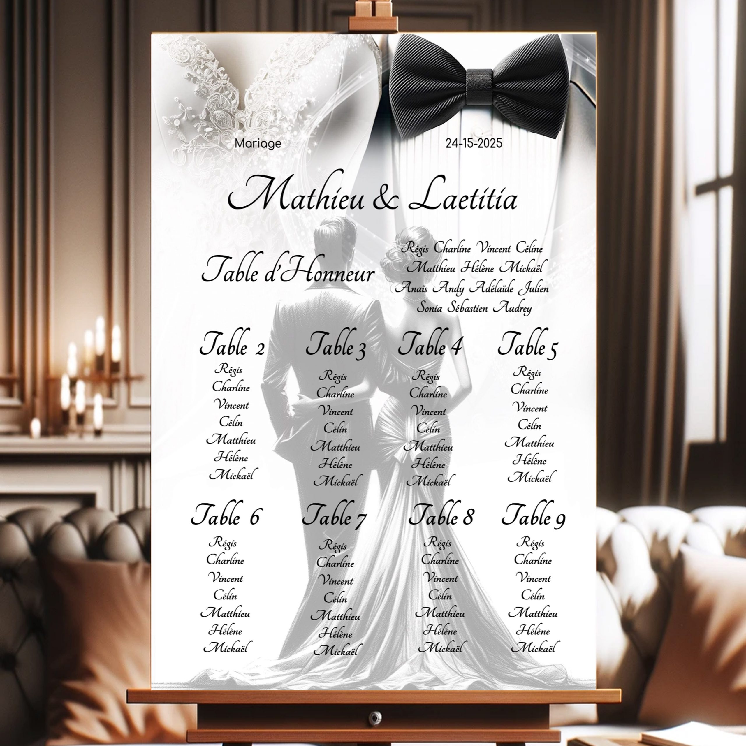 N°104.7-plan de table Élégance et Passion en noir et blanc costume