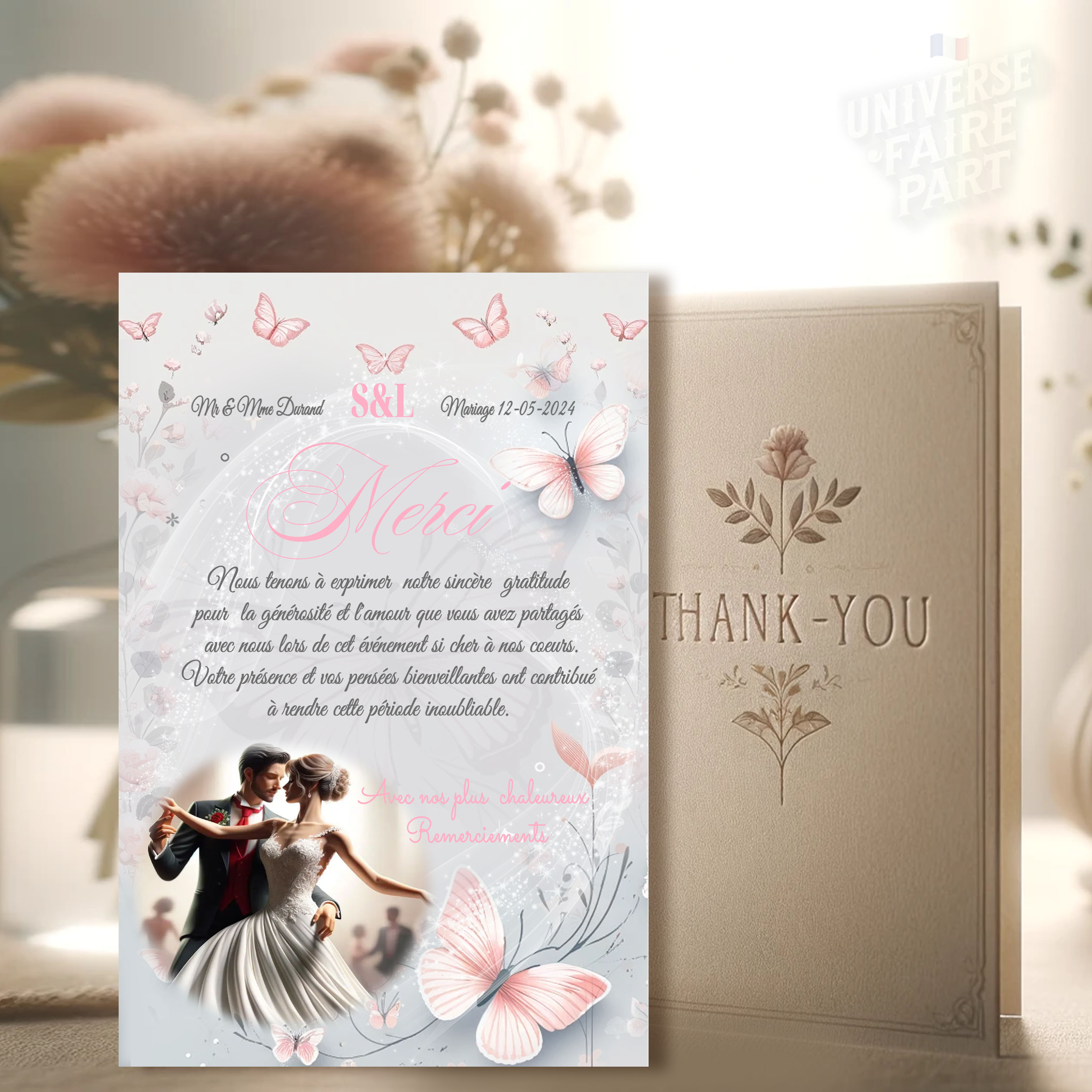 N°266.3 - Carte remerciement Vol de Bonheur Papillons Roses