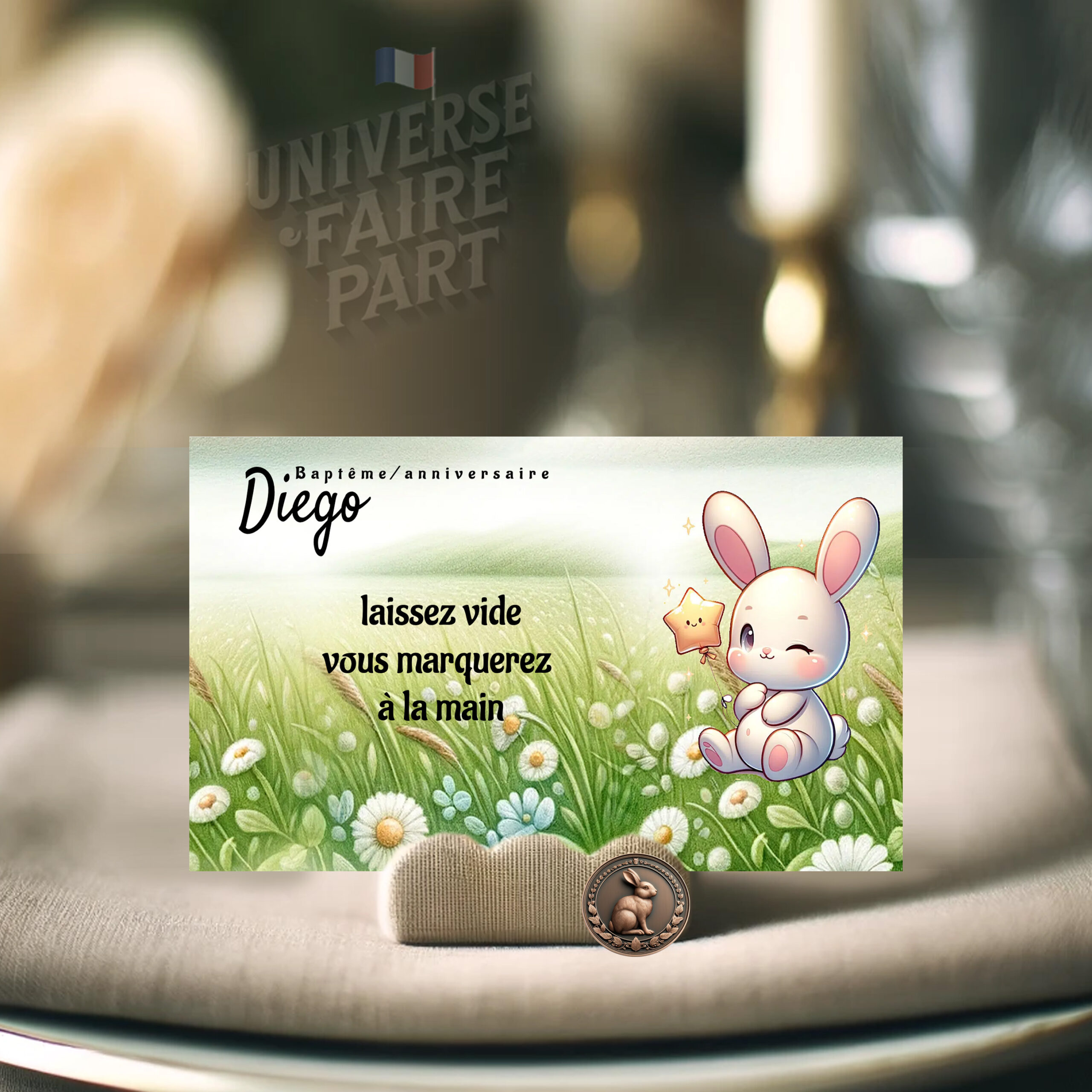 N°117.1 – Porte nom Petit lapin vert d’eau pastel fleuri