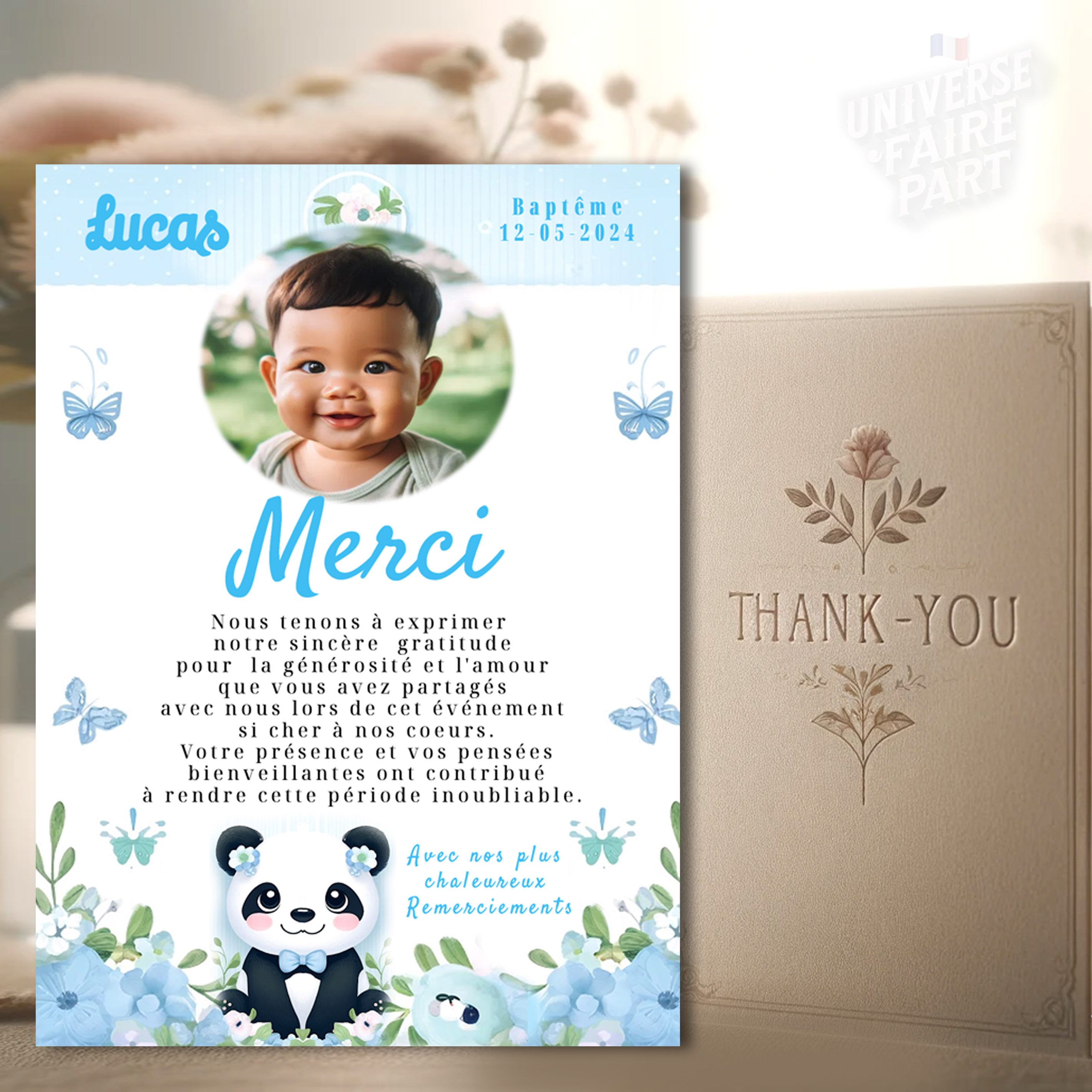 N°146.8 - Carte Remerciement Thème Panda Garçon
