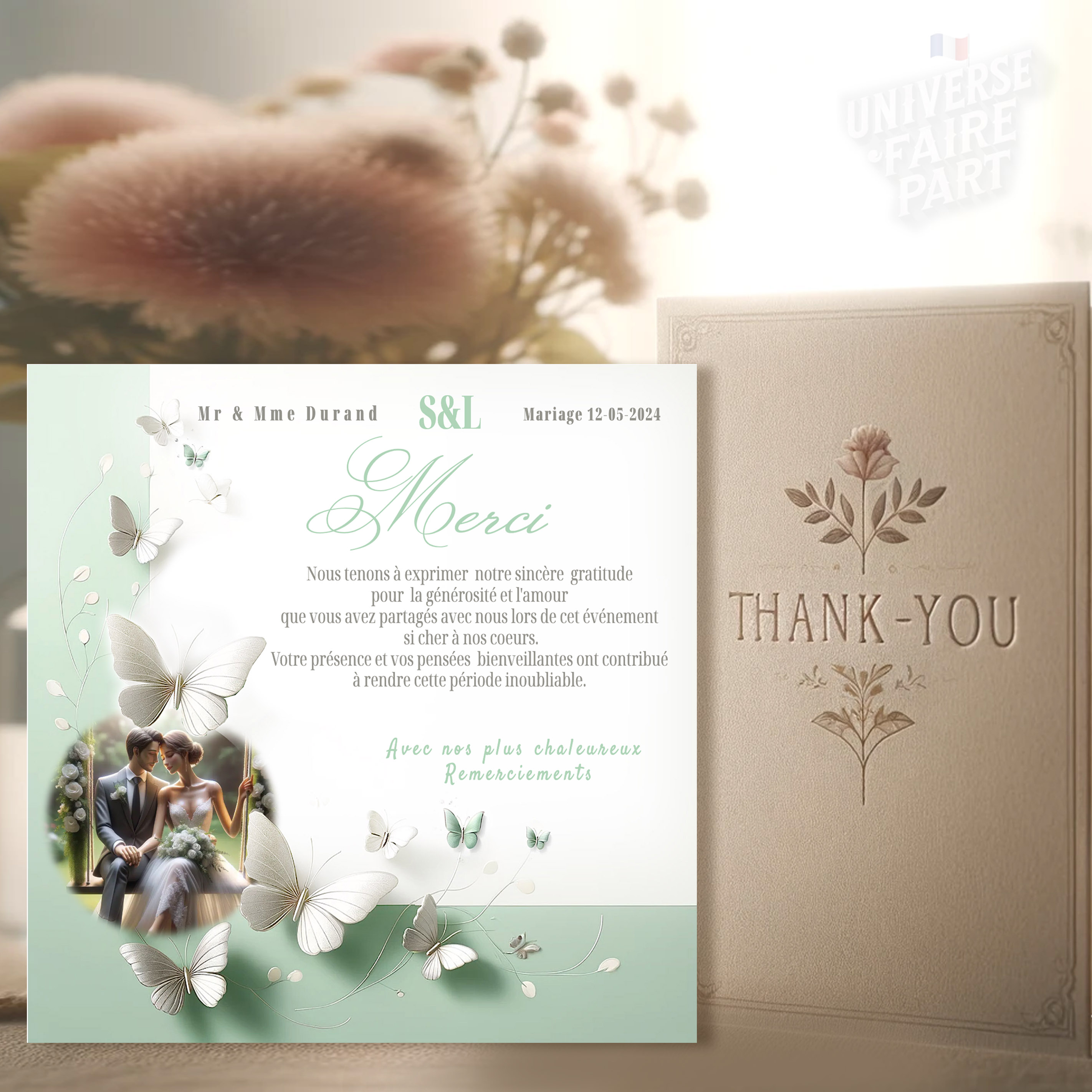 N°265.3 - Carte remerciement Papillons Douceur Vert Pastel