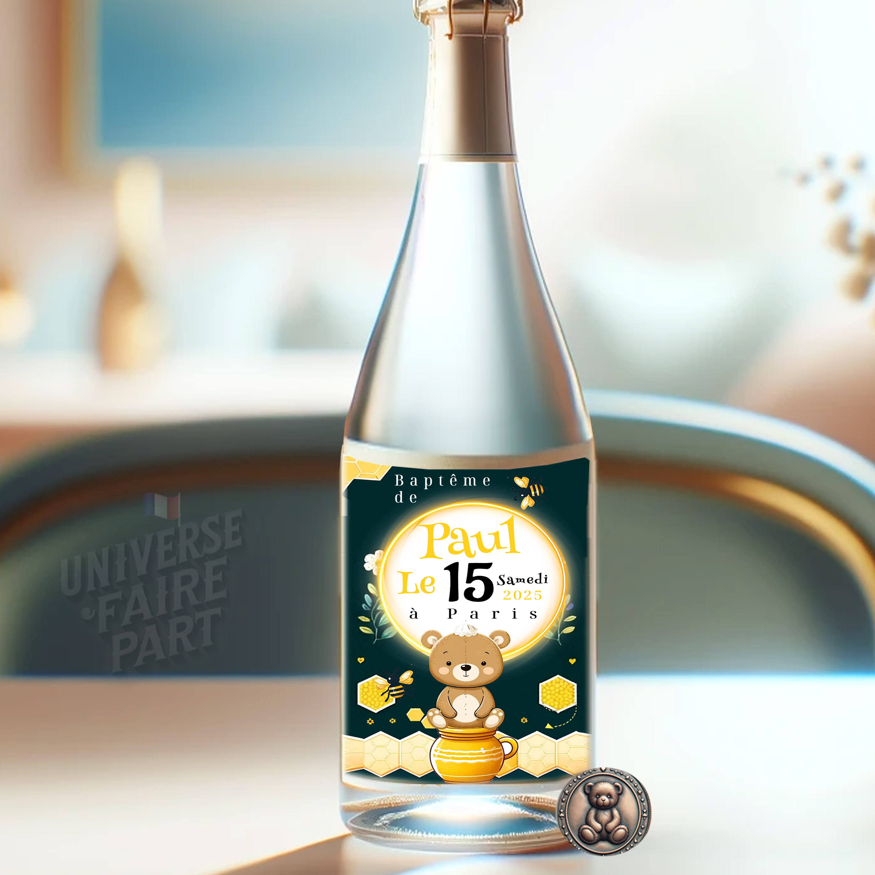 N°323.1 - Étiquette bouteille Pot de miel d'amour ! Ourson & Abeille