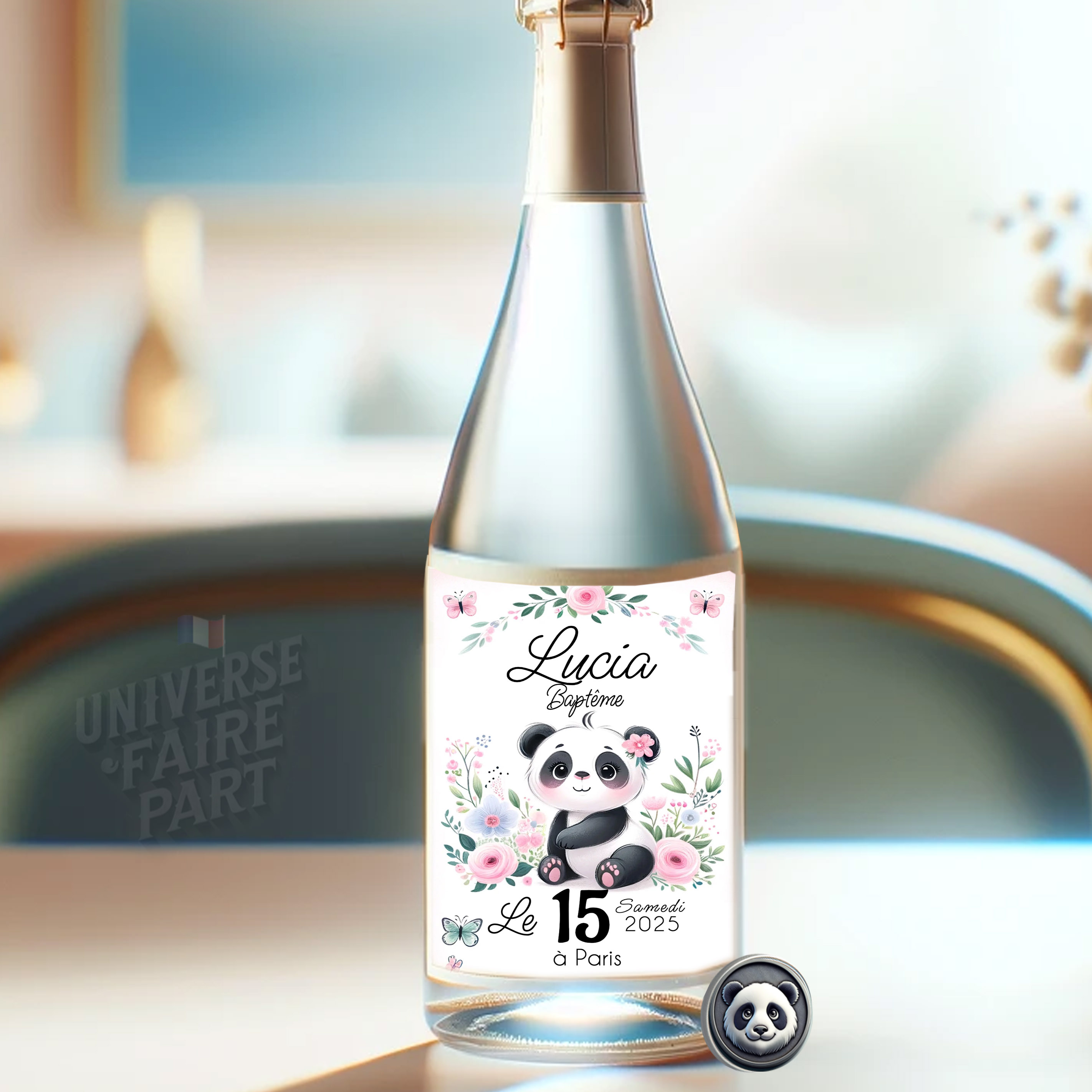 N°342.2 - Étiquette bouteille Petit panda tendre rosé fille