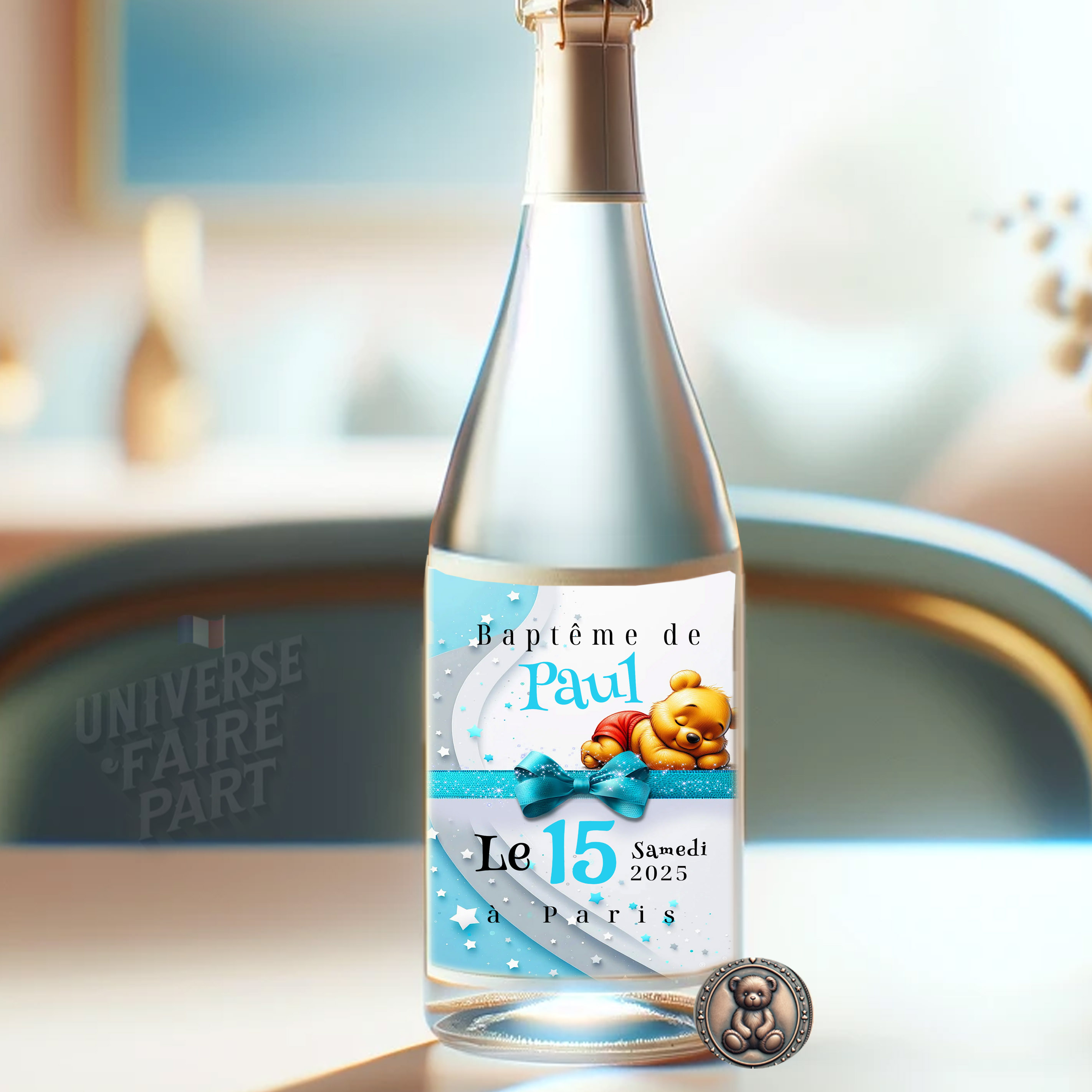 N°539.2 - Étiquette bouteille Winnie L'ours malin en Bleu