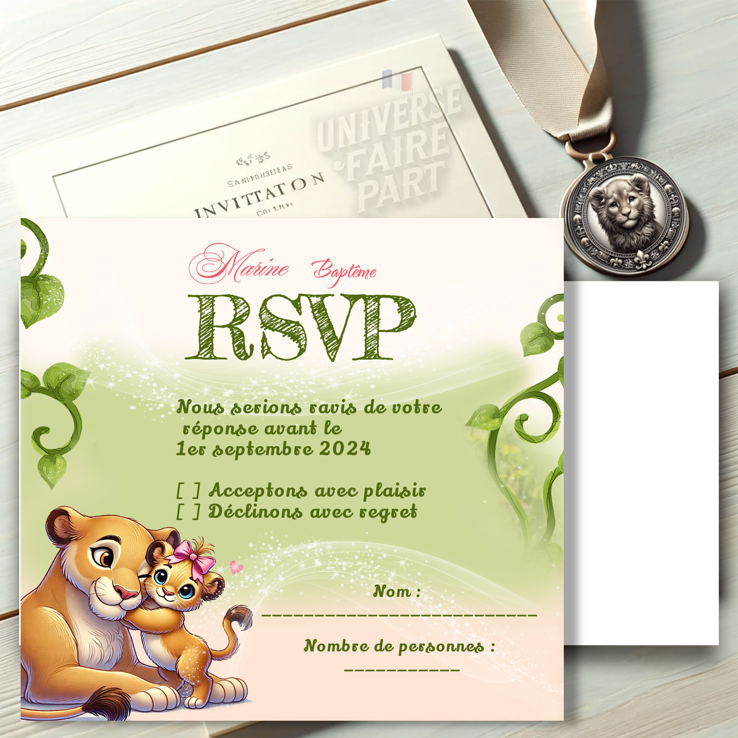 N°354.1 – Carton réponse invitation petit baby lion lionnes safari Jungle