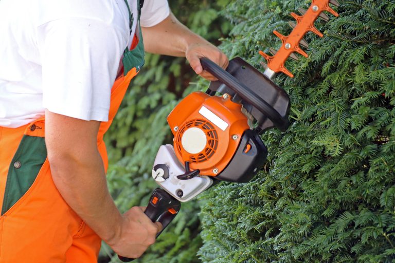 Hausmeisterservice Grünanlagenpflege: Ein Mann schneidet die Hecke mit einer elektrischen Motorsäge.