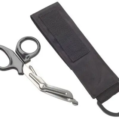 PRODUCT DESCRIPTION OMS Sea Snips with nylon sheath. The sheath mounts to any two inch webbing and has a Velcro® closure. Total length is {8.5 in | 21.9 cm} and width is {2.5 in | 6.3 cm} with a plastic D-ring at the base. Can be mounted vertically in either position with handle pointed up or down as you prefer. Shears are securely enclosed by the nylon flap top when not in use. OMS logo in yellow is screen printed at the bottom.