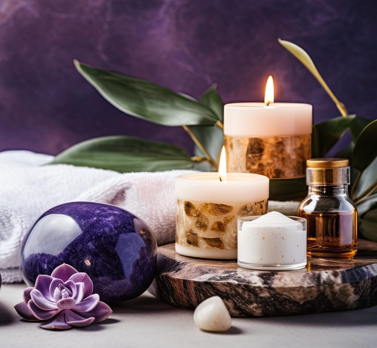 Beauty treatment items for spa procedures on violet marble table and gold marble wall. massage stones, essential oils and sea salt. candle, rolled up white towel, plants, copy space