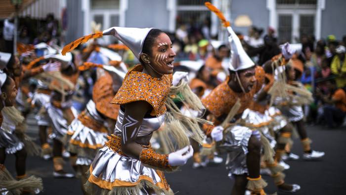 The groups sing and dance during the parades of the Mindelo carnivals