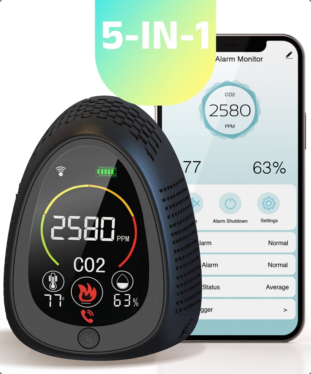 NEW ACCU - 5 in 1 Infrarood CO2-meter - Rookmelder - Brandalarm + Smart App
