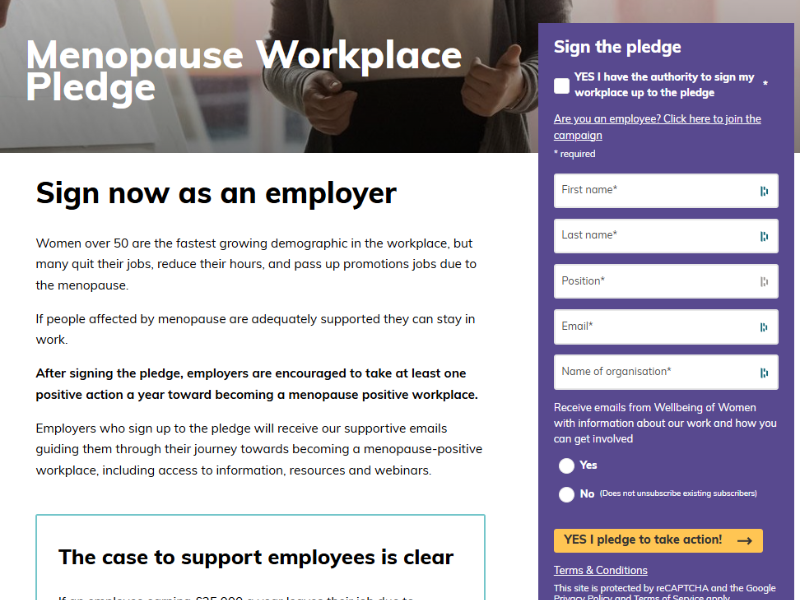 Screenshot of Menopause Workplace Pledge sign up page