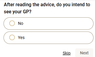 Screenshot of question asking if they intend to visit their GP