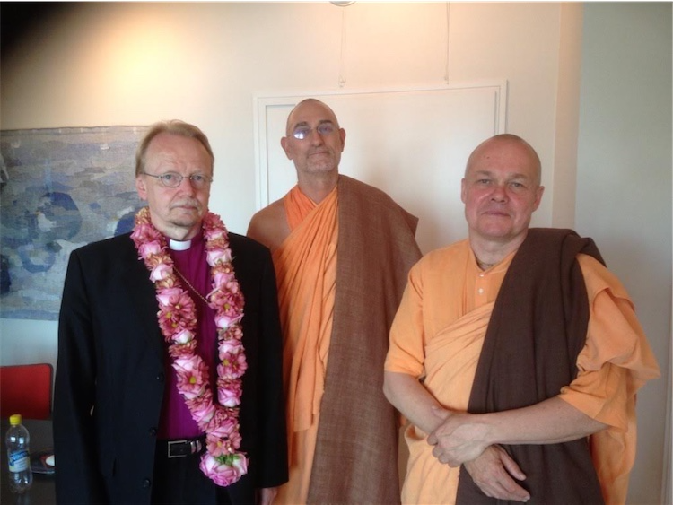 The Archbishop of Finnish Protestant (Lutheran) Church Kari Mākinen, Bhakti Vidya Purna Swami and Tattvavada Das, around 2015