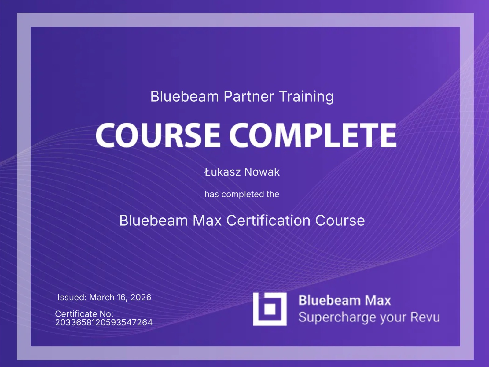 Certyfikat Bluebeam 3