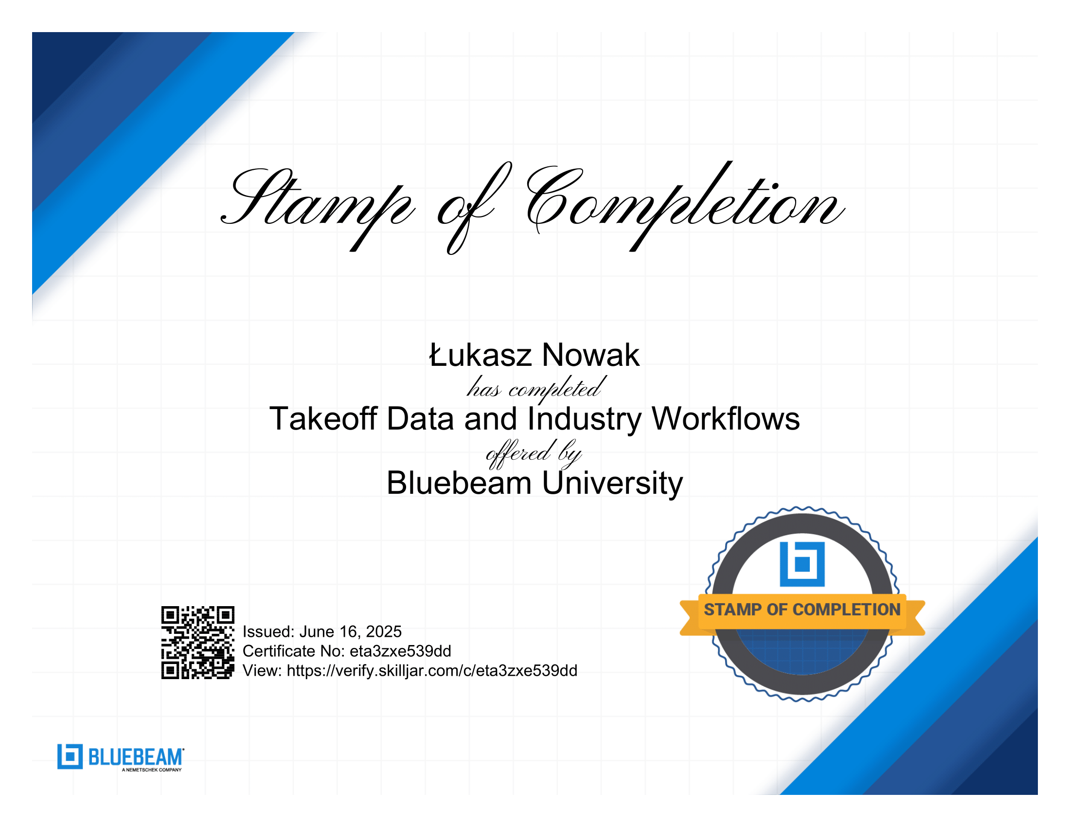 Certyfikat Bluebeam 10