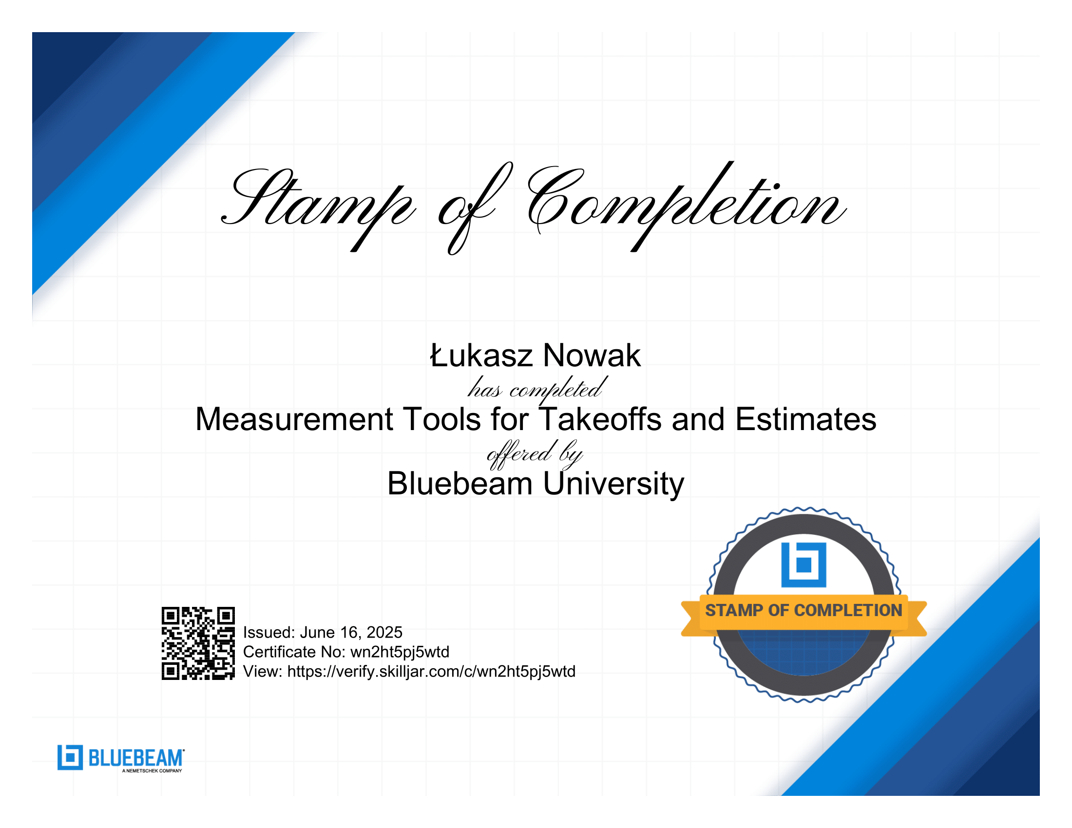 Certyfikat Bluebeam 6