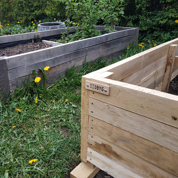 husmands højbed byggesæt i naturtørret egetræ hjørne med BIOBYG skilt