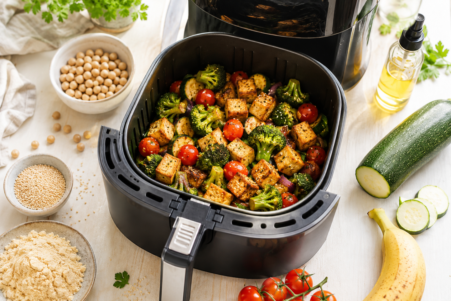 Gamechanger Heißluftfritteuse Heißluftfritteuse gesund kochen, Airfryer Rezepte vegetarisch vegan, gesundes Gemüse aus der Heißluftfritteuse, fettarm kochen Airfryer, Ei-Ersatz Heißluftfritteuse, Bodyfitundgesund Ernährungsguide