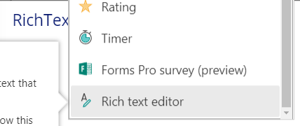 Screenshot of PowerApps showing the selection of a rich text control from the toolbar.