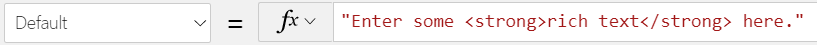 Screenshot of PowerApps showing the default Default property of the rich text editor control.
