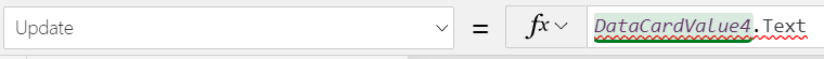 PowerApps screenshot showing the Update property of the data card. The Value "DataCardValue4.Text" is marked as an error.