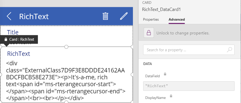 Screenshot of PowerApps showing the advanced options of the rich text datacard. The card is currently locked.