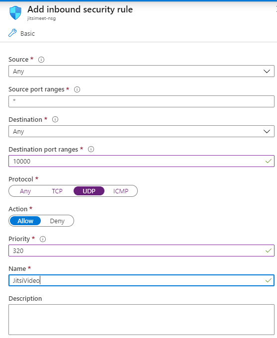 Screen to create an inbound security rule for port 10000 UDP