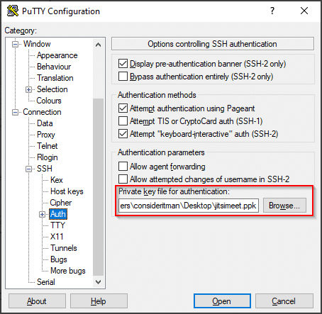 PuTTY screen showing the options under Connection > SSH > Auth
The private keyfile is set to the file that was created with PuTTYgen earlier